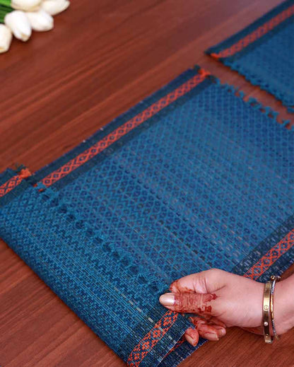 Madurkathi Tassels Placemats Teal Blue | Set Of 6 | 18 x 12 inches