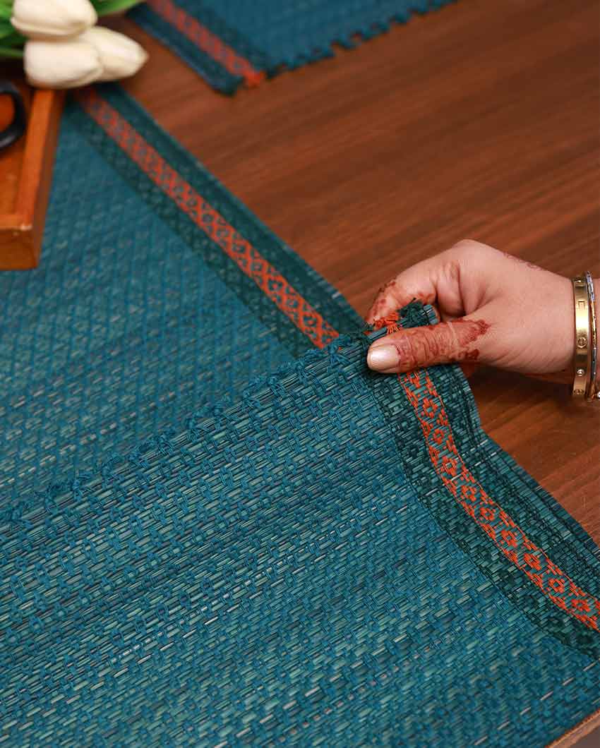 Madurkathi Tassels Table Runner Teal Blue | 60 x 12 inches