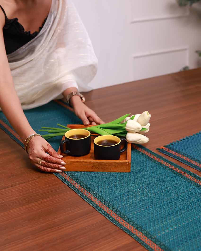 Madurkathi Tassels Table Runner Teal Blue | 60 x 12 inches