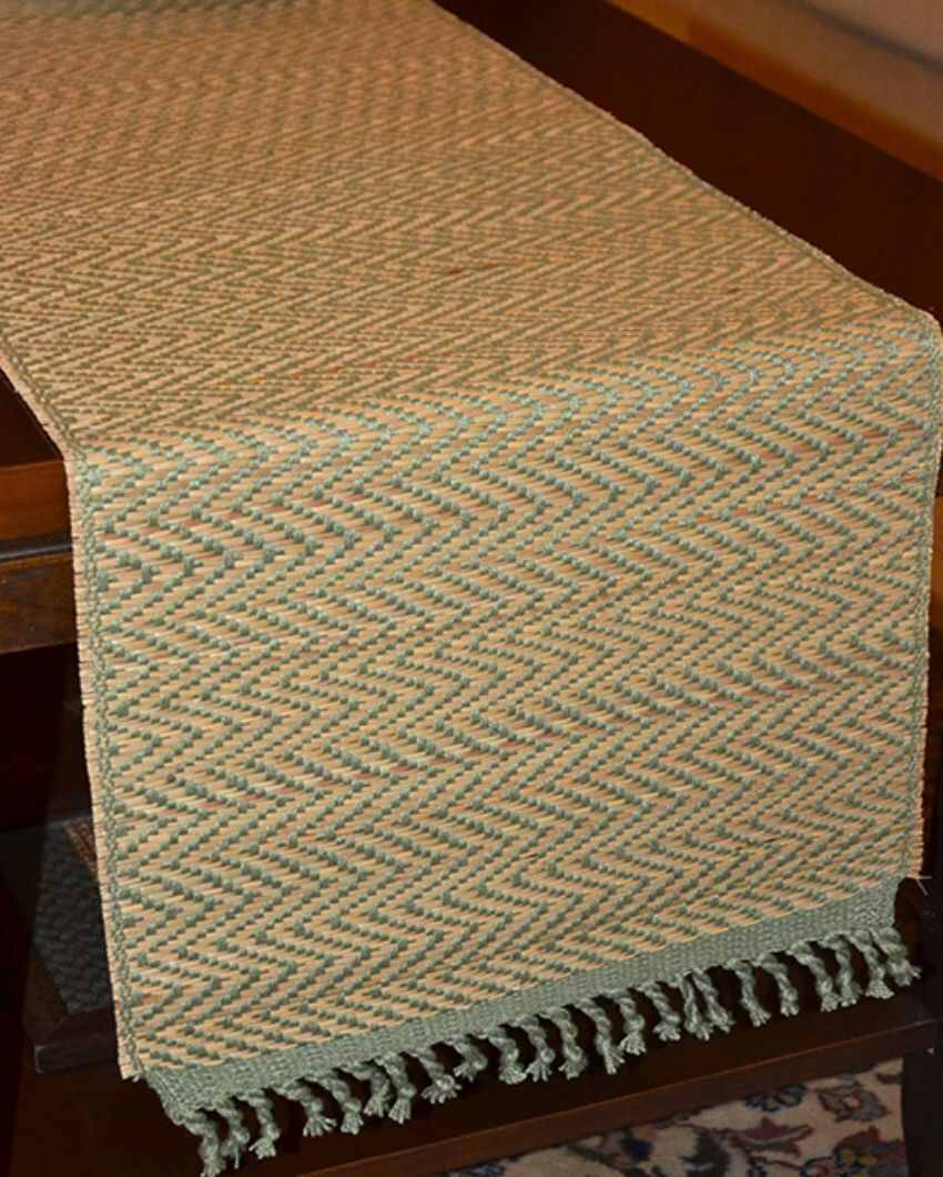 Madurkathi Tassels Chevron Table Runner Sage Green | 60 x 12 inches