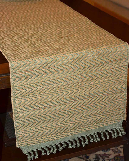 Madurkathi Tassels Chevron Table Runner Sage Green | 60 x 12 inches