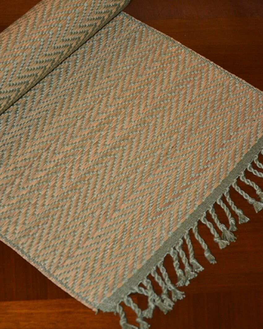 Madurkathi Tassels Chevron Table Runner Sage Green | 60 x 12 inches