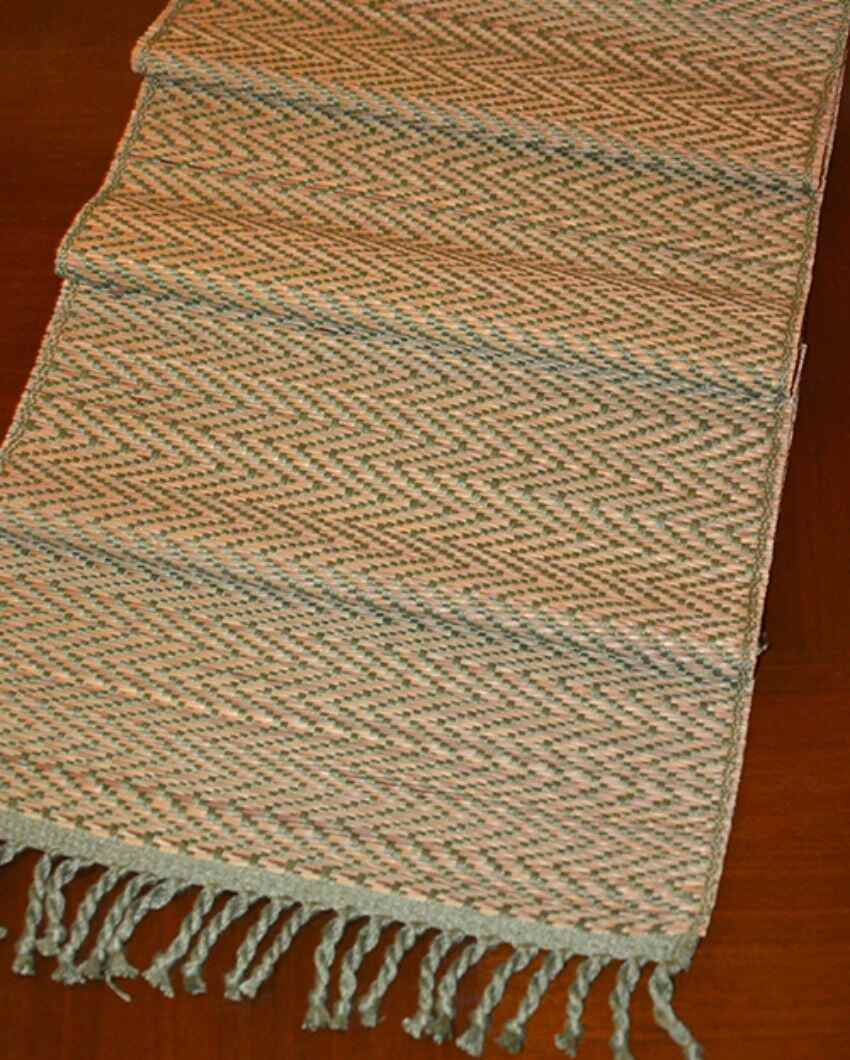 Madurkathi Tassels Chevron Table Runner Sage Green | 60 x 12 inches