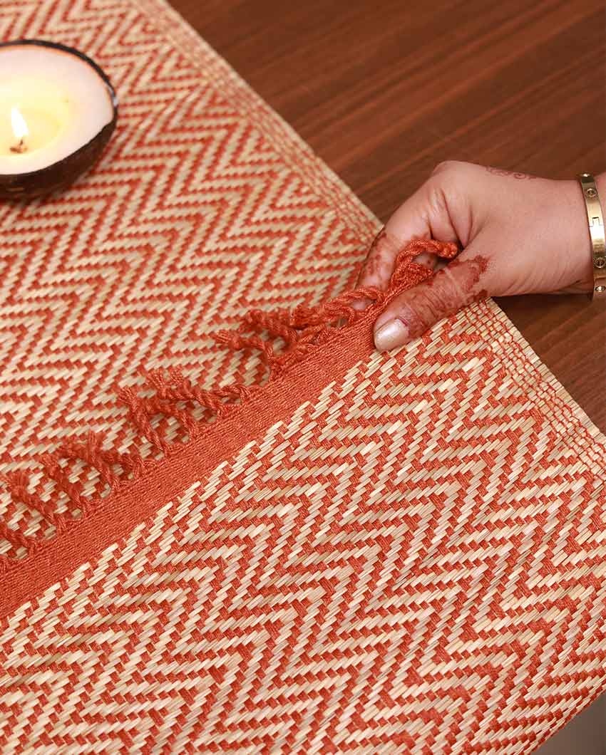 Madurkathi Tassels Chevron Table Runner Rust | 60 x 12 inches