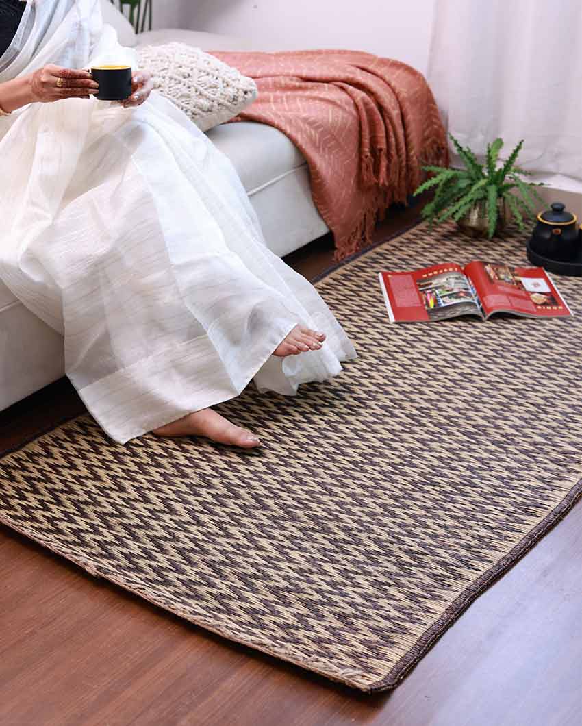 Handcrafted Madurkathi Chevron Floor Mat | 72 X 36 inches – Side view highlighting the intricately woven chevron design.