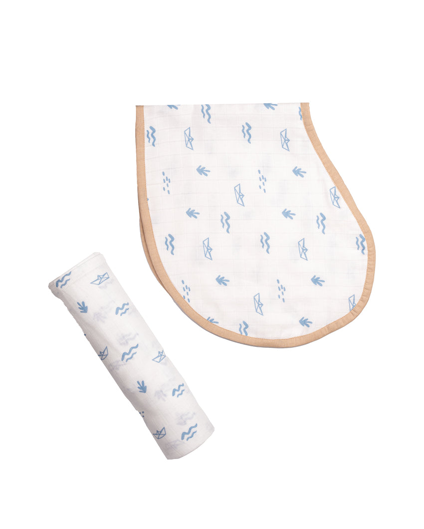 Cute Boat Swaddle & Burp Cloth Bib | Pack of 2 | 40 x 40 inches