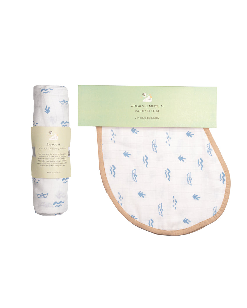 Cute Boat Swaddle & Burp Cloth Bib | Pack of 2 | 40 x 40 inches