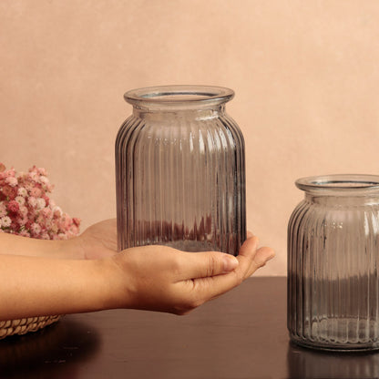 Transparent Grey Ribbed Glass Vases | Set of 2 Default Title
