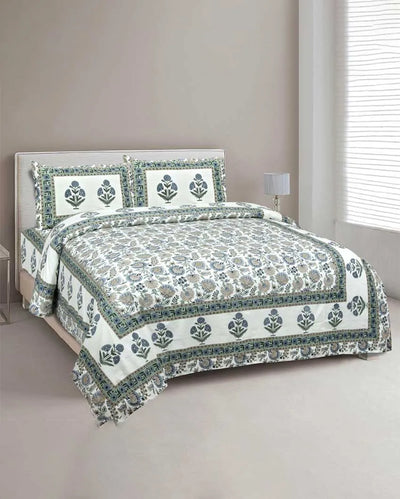 Peony Sanganeri Cotton Flat Bedding Set | Multiple Colors | Double Size | 93 x 108 inches