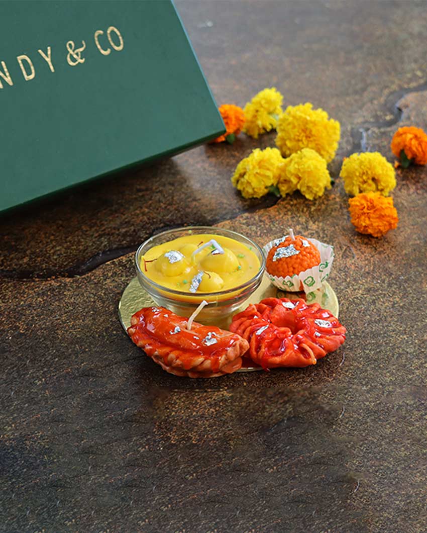 Traditional Indian Mithai Box Soy Wax Multicolor Candles | Set of 4 | 25.4 x 17.8 x 7.6 cm / 10 x 7 x 3 inches