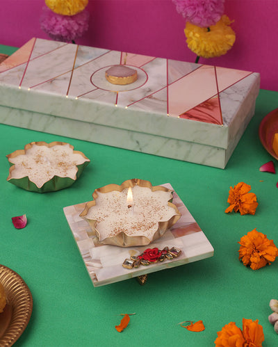 Mother of Pearl Square Pooja Chowki with 2 Metal Tealights Set