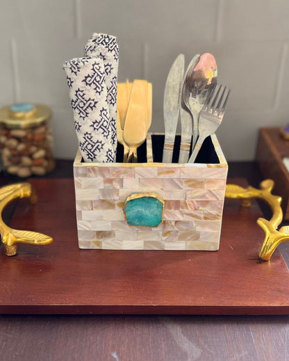 Mother Of Pearl With Agate Cutlery Holder Green