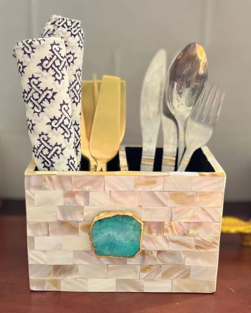 Mother Of Pearl With Agate Cutlery Holder Green