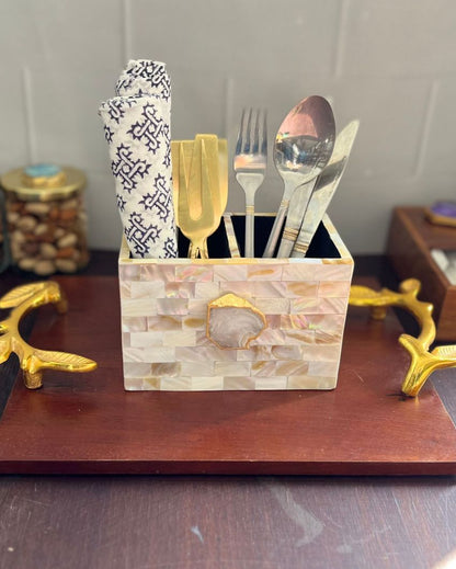 Mother Of Pearl With Agate Cutlery Holder White