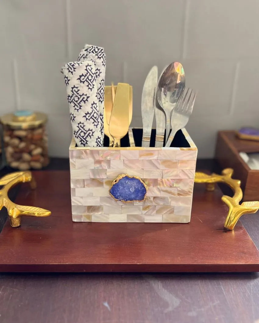 Mother Of Pearl With Agate Cutlery Holder Blue