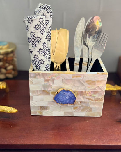 Mother Of Pearl With Agate Cutlery Holder Blue