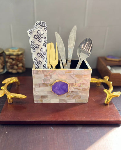 Mother Of Pearl With Agate Cutlery Holder Purple