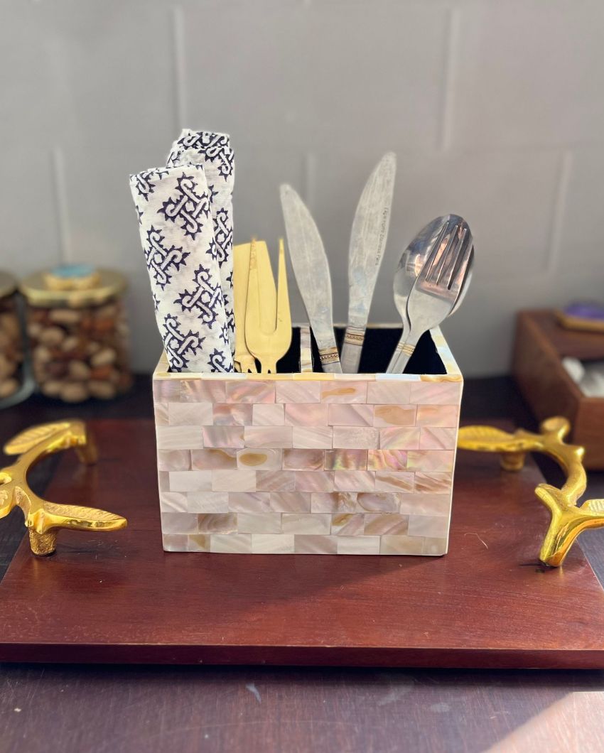 Mother Of Pearl With Agate Cutlery Holder Beige