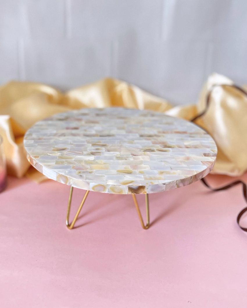 Round Mother Of Pearl Cake Stand With Metal Stand