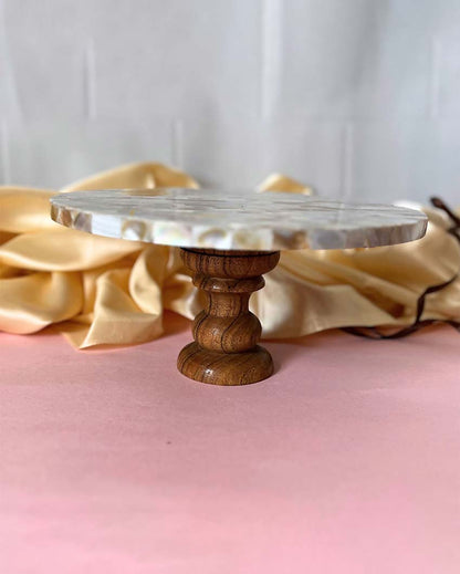 Luxurious Round Mother Of Pearl Cake Stand With Wooden Stand