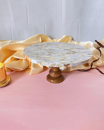 Stylish Round Mother Of Pearl Off-White Cake Stand | 10 x 5 inches