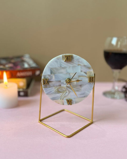 Round Shape Desktop Table Clock Handmade With Mother Of Pearl