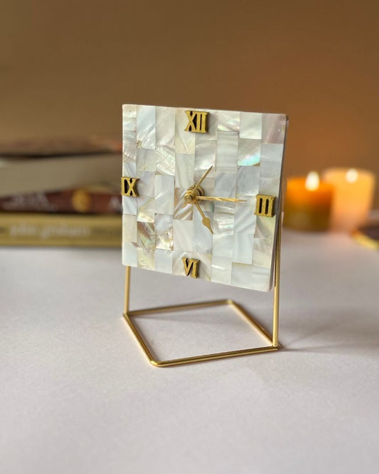Square Shape Desktop Table Clock Handmade With Mother Of Pearl