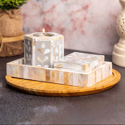 Sophisticated Mother of Pearl Tealight Holder with Tray and Box | Set of 3 | 4 x 5 x 4 inches