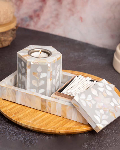 Sophisticated Mother of Pearl Tealight Holder with Tray and Box | Set of 3 | 4 x 5 x 4 inches