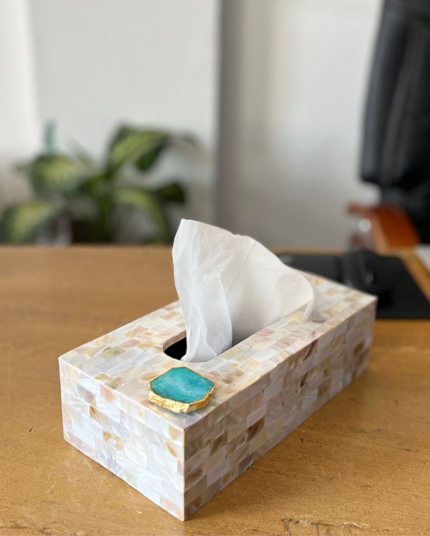 Luxury Mother Of Pearl & Agate Tissue & Napkin Holder Green