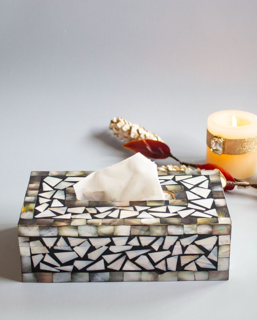 Black Mother Of Pearl Mdf Ivory and Black Tissue Box | 9 x 5 x 3 inches