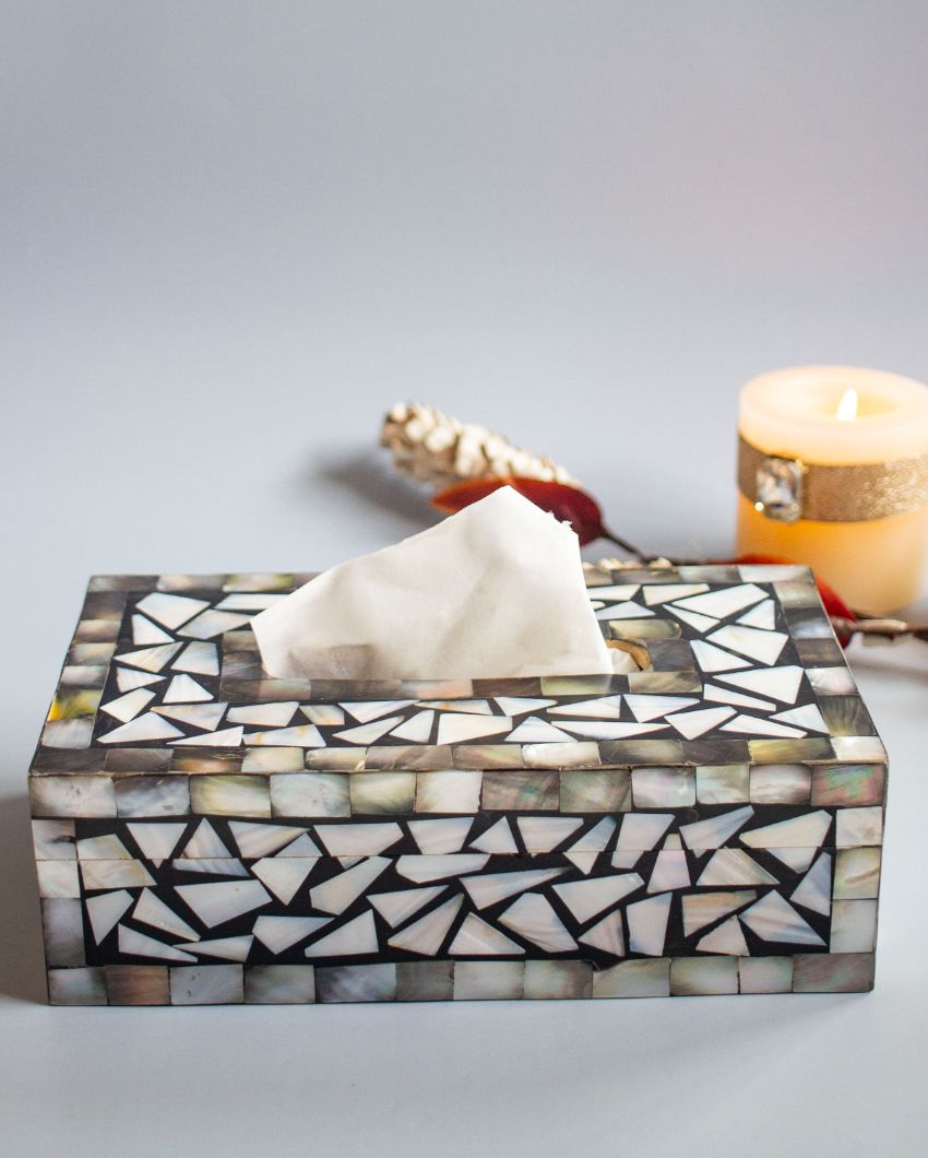 Black Mother Of Pearl Mdf Ivory and Black Tissue Box | 9 x 5 x 3 inches