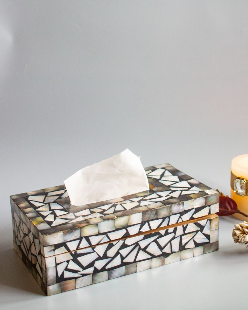 Black Mother Of Pearl Mdf Ivory and Black Tissue Box | 9 x 5 x 3 inches