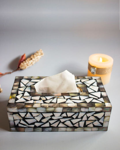 Black Mother Of Pearl Mdf Ivory and Black Tissue Box | 9 x 5 x 3 inches