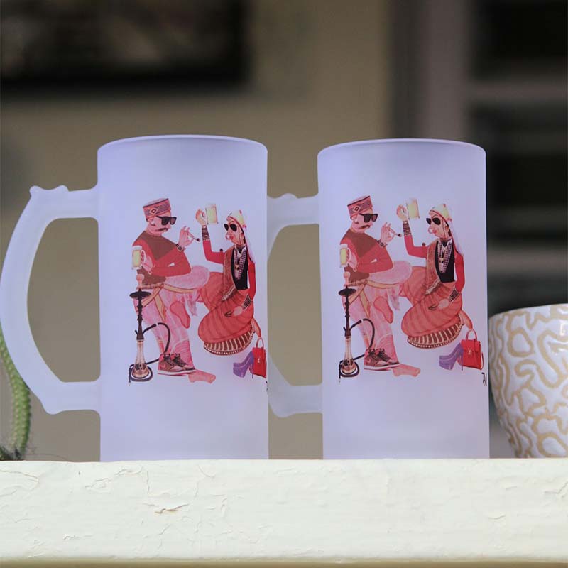 Clara Frosted Print Beer Mugs | Set Of 2
