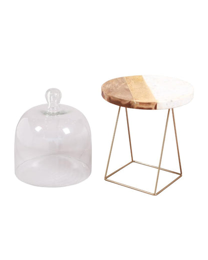 Poorak Marble & Wood Cake Stand with Golden Riser | 9 x 9 x 15 inches