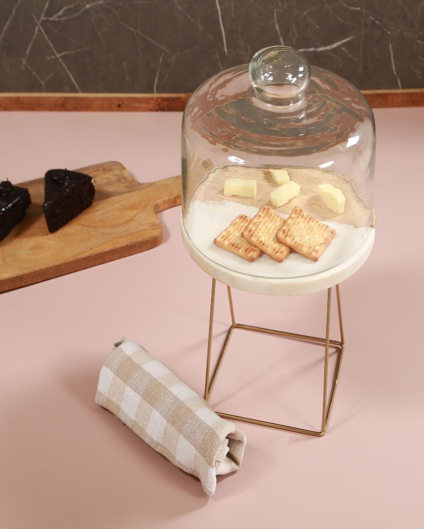 Poorak Marble & Wood Cake Stand with Golden Riser | 9 x 9 x 15 inches