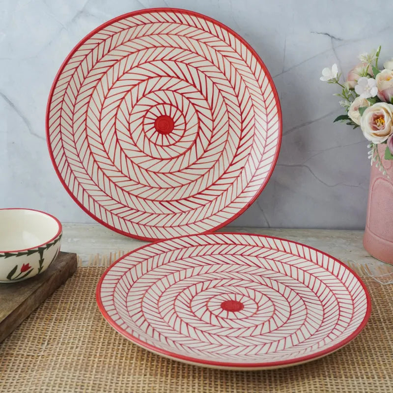 Red Illustrated Ceramic Dinner Plate | Set of 2 Default Title