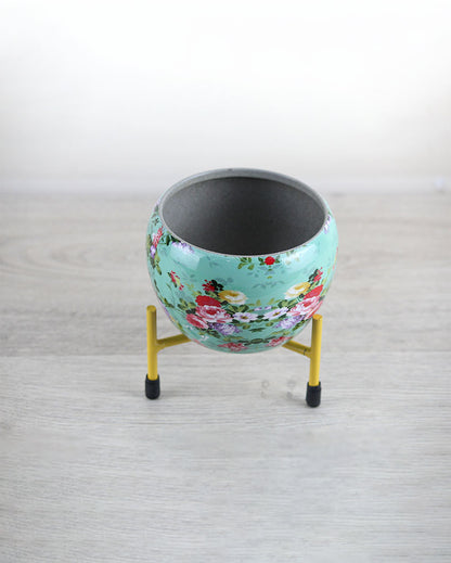 Green Enamil Flower Printed Iron Pot with Stand | 4 inch