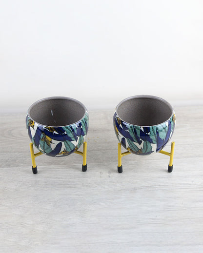 Enamel Blue Leaf Print Pot with Stand | Set Of 2 | 4 inch