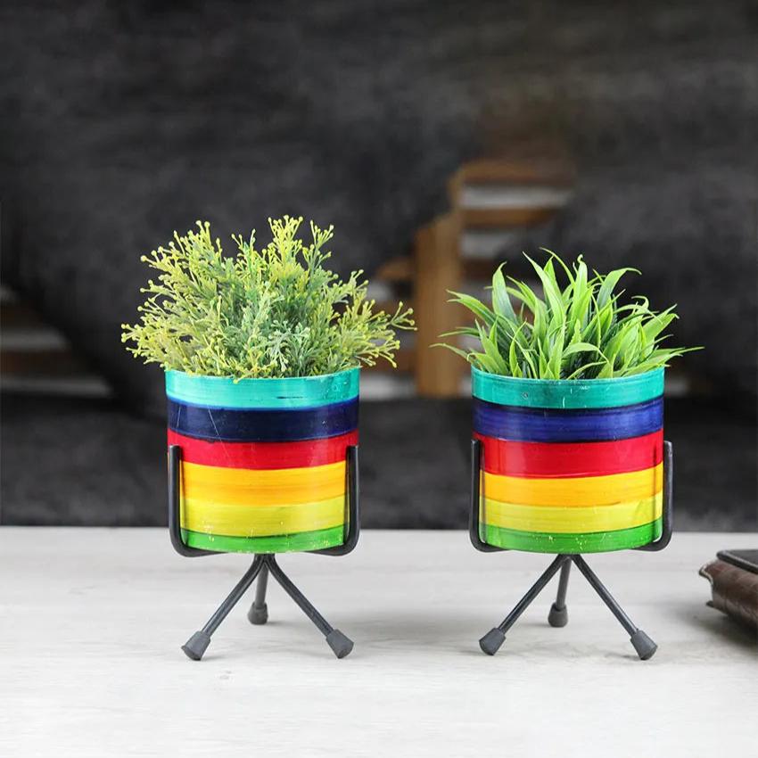 Rainbow Design Table Top Iron Pots with Stand | Set Of 2 | 4 Inch