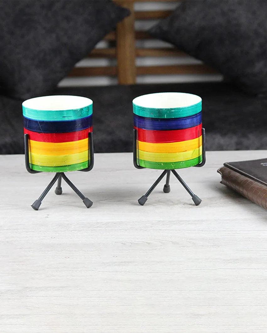 Rainbow Design Table Top Iron Pots with Stand | Set Of 2 | 4 Inch