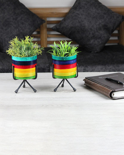 Rainbow Design Table Top Iron Pots with Stand | Set Of 2 | 4 Inch