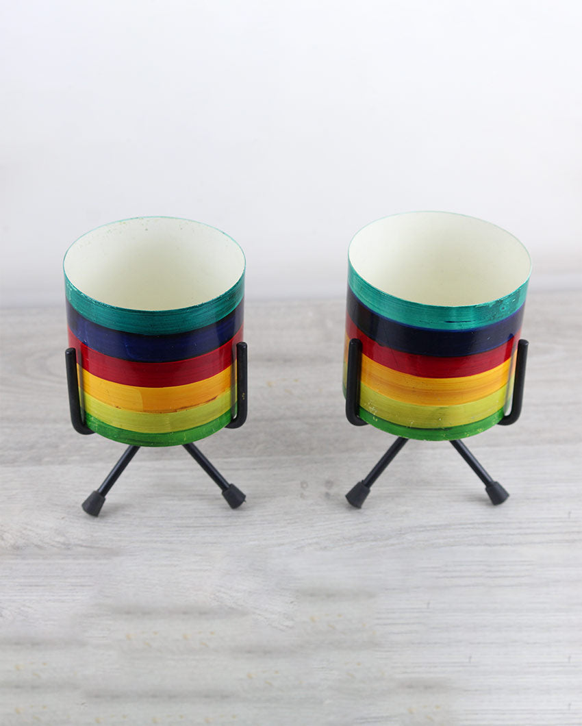 Rainbow Design Table Top Iron Pots with Stand | Set Of 2 | 4 Inch