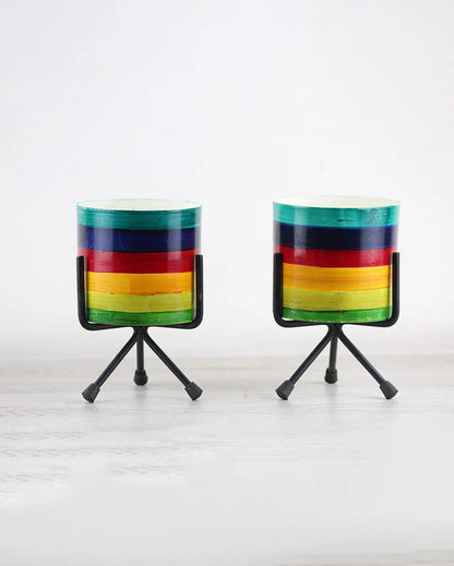 Rainbow Design Table Top Iron Pots with Stand | Set Of 2 | 4 Inch