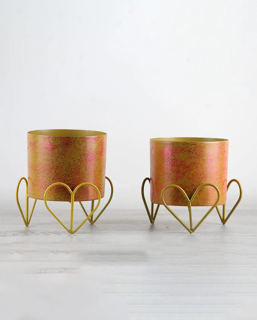 Round Glitter Finish Iron Pots with Heart Stand | Set Of 2 | 5 Inch