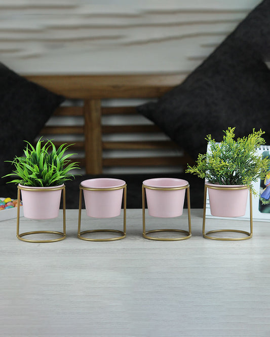 Pink Iron Pot with Round Stand | Set Of 4 | 3.5 Inch