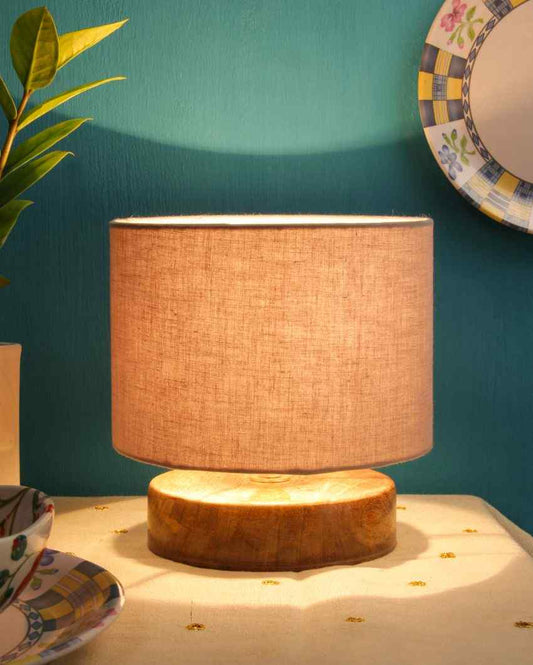 Drum Designer Cotton Shade Table Lamp With Wood Base Grey
