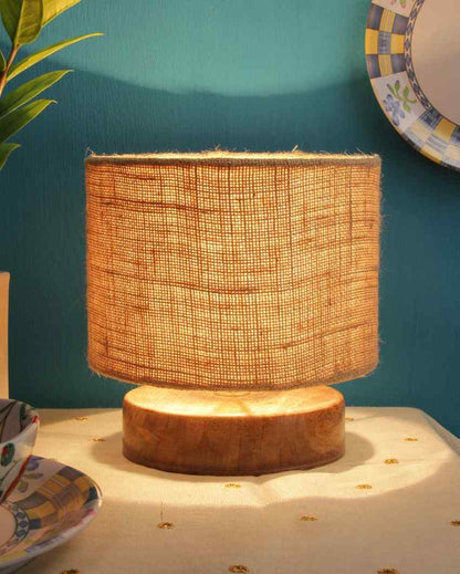 Drum Designer Jute Shade Table Lamp With Wood Base Beige