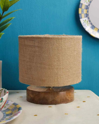 Drum Designer Jute Shade Table Lamp With Wood Base Beige